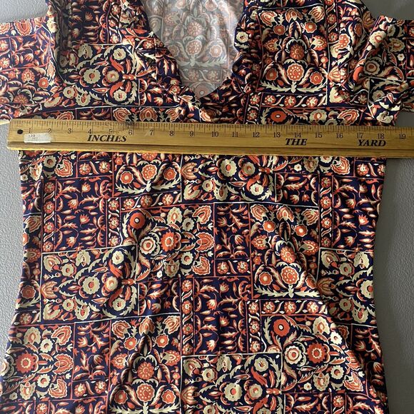 J MCLAUGHLIN Blouse Floral Ruffle V-Neck 3/4 Sleeve Stretch Womens M Blue Orange - Picture 8 of 10